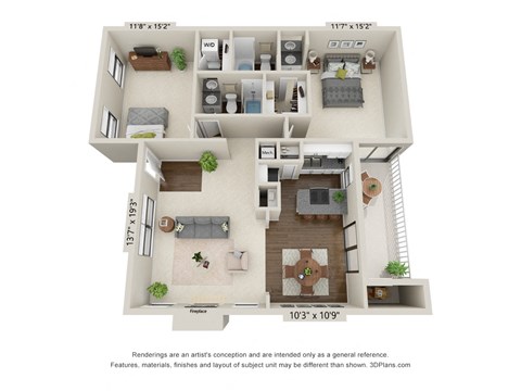2 bed 2 bath The Somerville Floor Plan at Woodcreek Apartments, Cary, NC